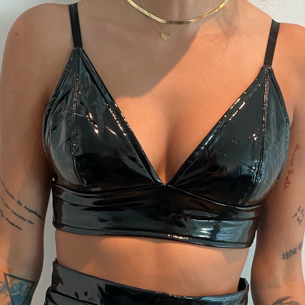NUDE black faux leather triangle bralette top